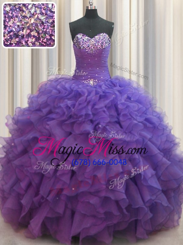 wholesale glamorous beaded bust purple sleeveless floor length beading and ruffles lace up 15 quinceanera dress