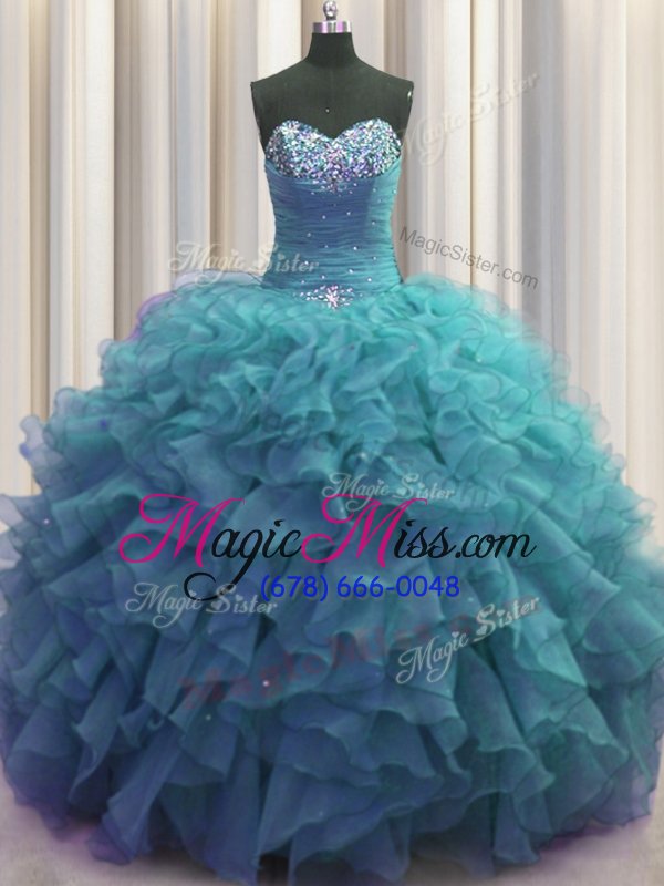 wholesale popular beaded bust teal organza lace up sweetheart sleeveless floor length sweet 16 dress beading and ruffles