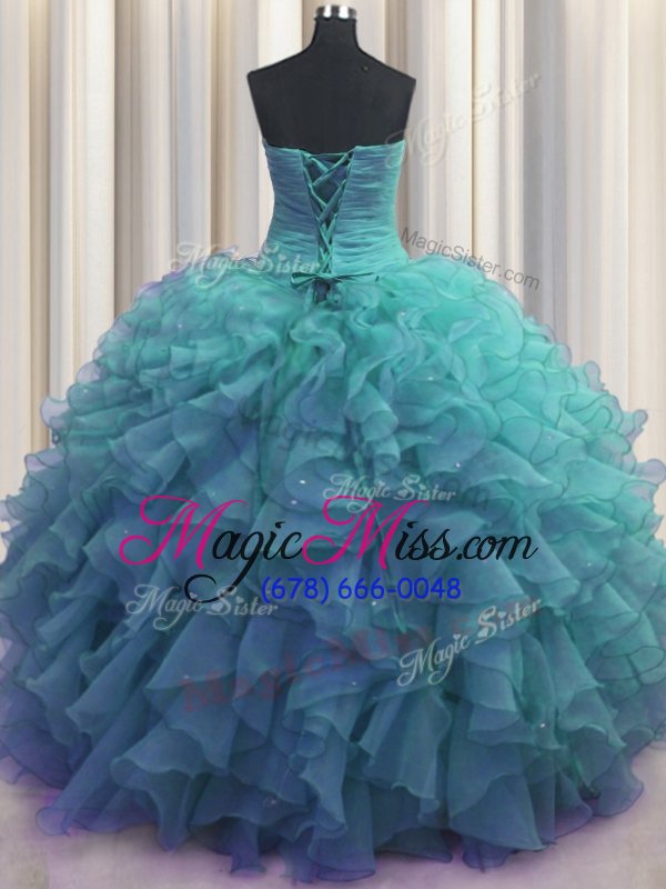 wholesale popular beaded bust teal organza lace up sweetheart sleeveless floor length sweet 16 dress beading and ruffles