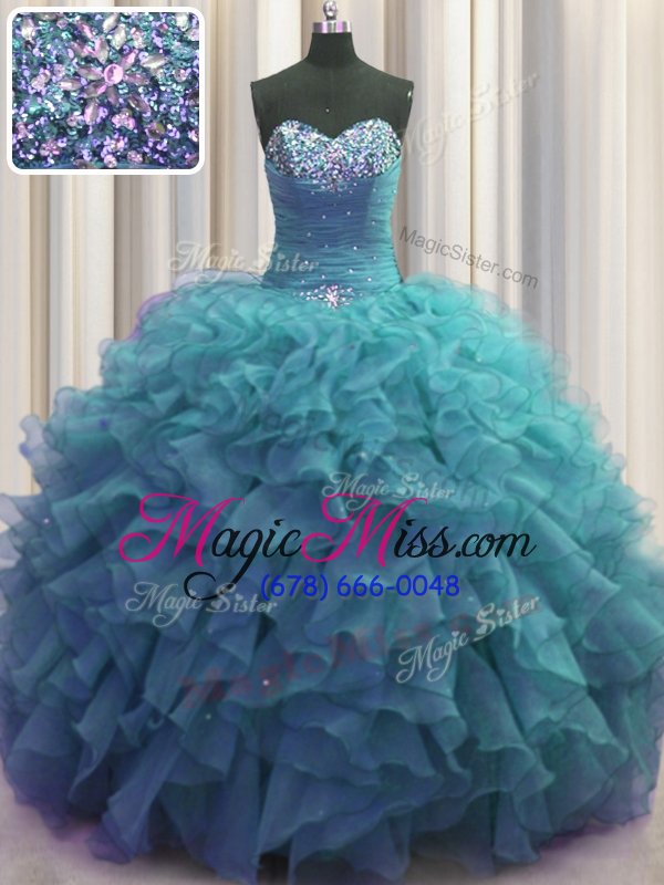 wholesale popular beaded bust teal organza lace up sweetheart sleeveless floor length sweet 16 dress beading and ruffles