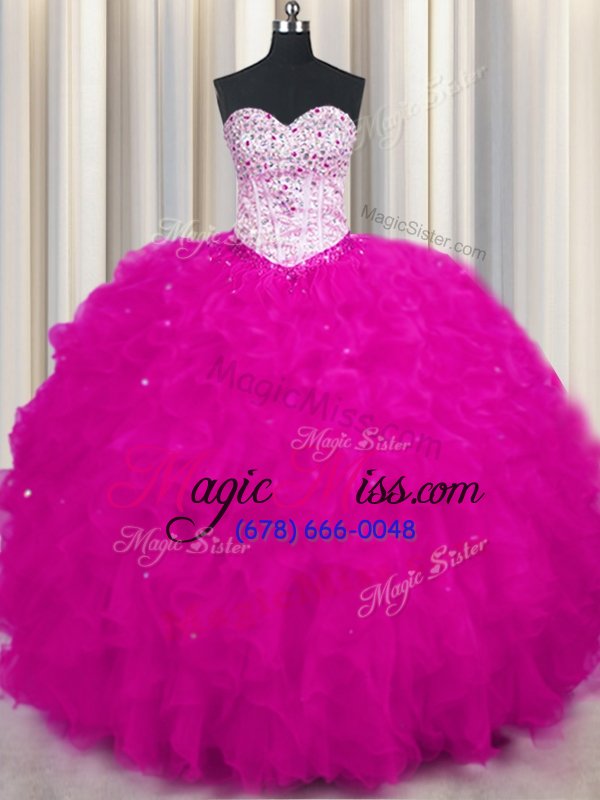 wholesale charming fuchsia 15 quinceanera dress military ball and sweet 16 and quinceanera and for with beading and ruffles sweetheart sleeveless lace up