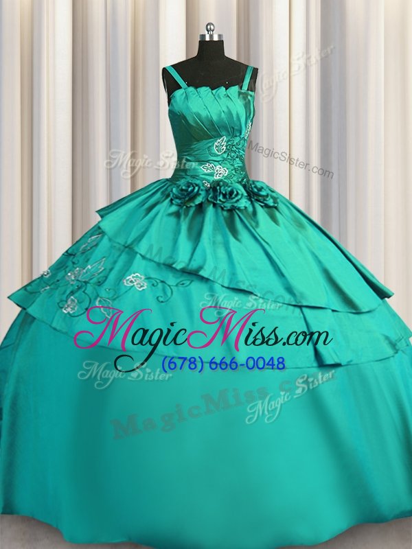 wholesale cheap satin spaghetti straps sleeveless lace up beading and embroidery sweet 16 dresses in turquoise