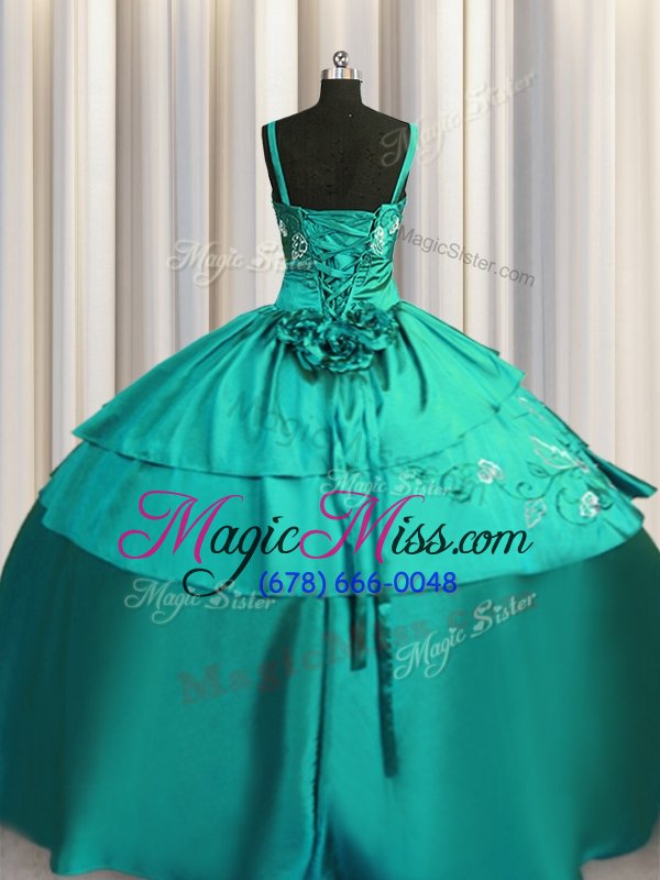 wholesale cheap satin spaghetti straps sleeveless lace up beading and embroidery sweet 16 dresses in turquoise