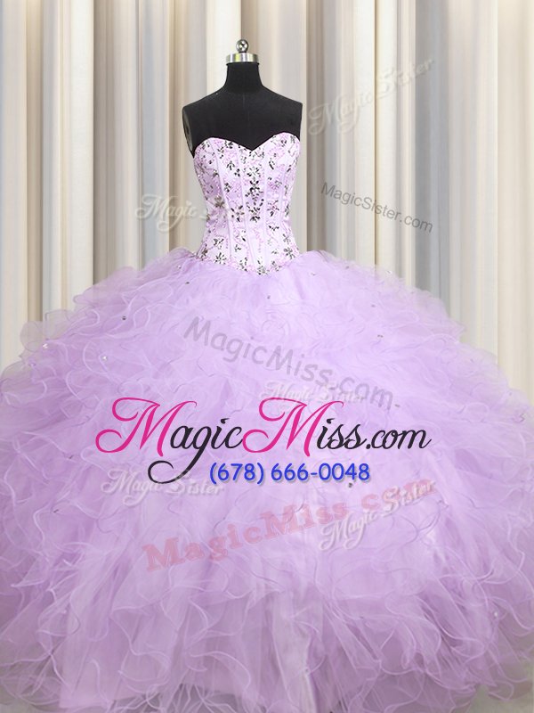 wholesale dazzling visible boning lavender tulle lace up 15 quinceanera dress sleeveless floor length beading and appliques and ruffles