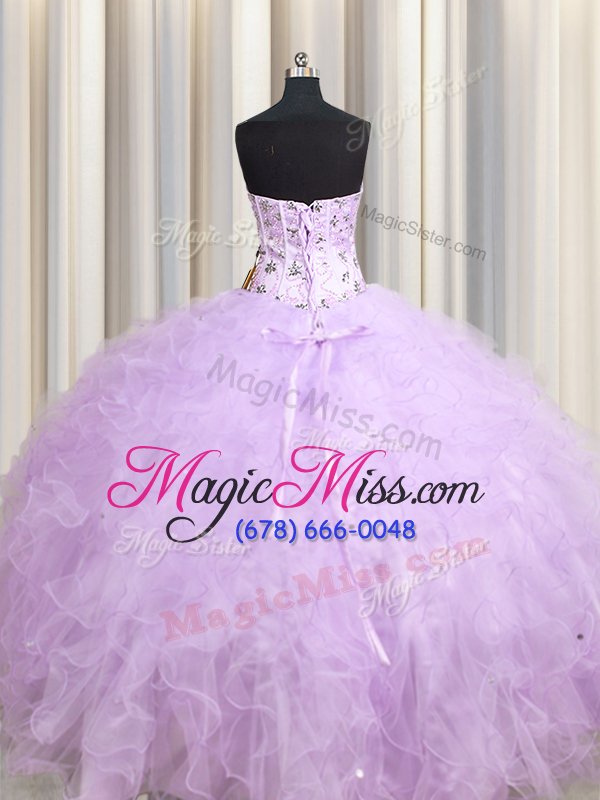 wholesale dazzling visible boning lavender tulle lace up 15 quinceanera dress sleeveless floor length beading and appliques and ruffles