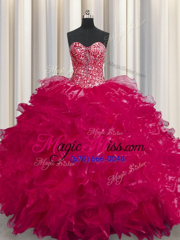 wholesale see through coral red sleeveless beading and ruffles floor length vestidos de quinceanera