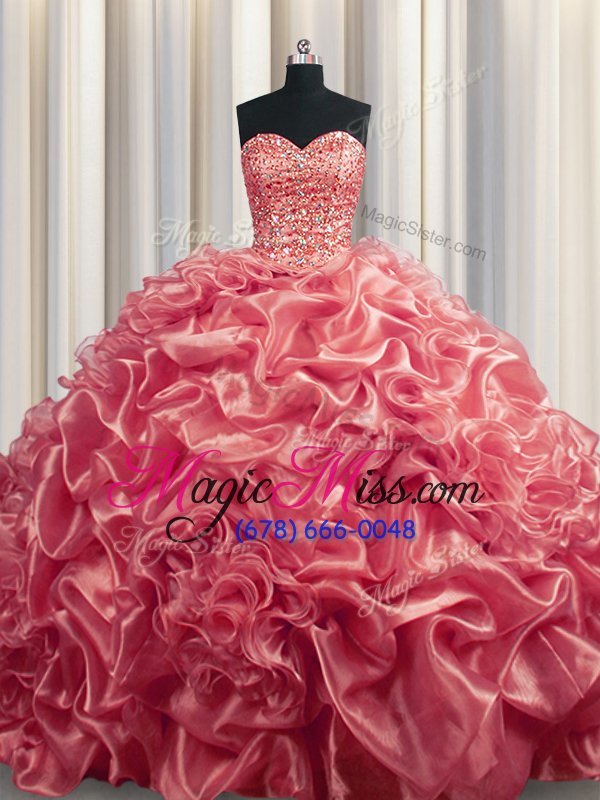 wholesale pretty watermelon red ball gowns organza sweetheart sleeveless beading and pick ups with train lace up quince ball gowns court train