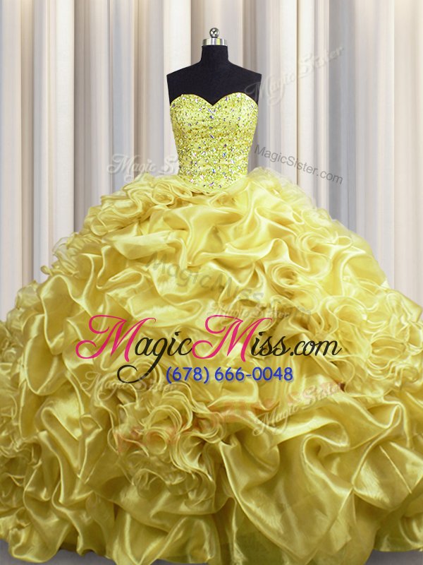 wholesale elegant gold organza lace up sweetheart sleeveless with train sweet 16 dresses court train beading and pick ups