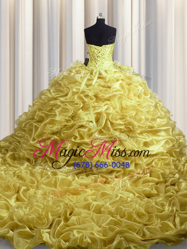 wholesale elegant gold organza lace up sweetheart sleeveless with train sweet 16 dresses court train beading and pick ups