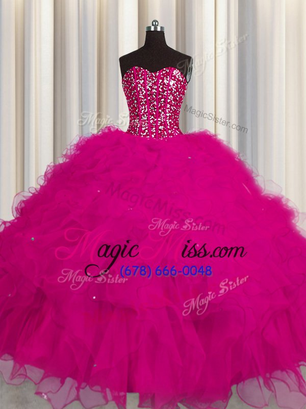 wholesale shining visible boning fuchsia sleeveless beading and ruffles and sequins floor length quinceanera gown