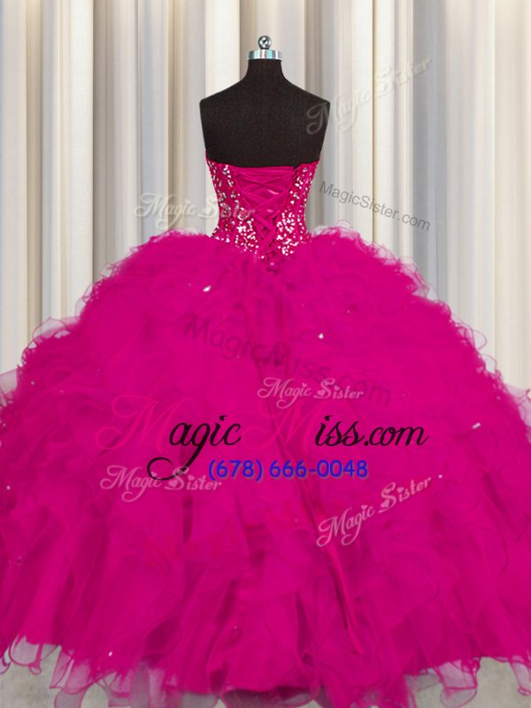 wholesale shining visible boning fuchsia sleeveless beading and ruffles and sequins floor length quinceanera gown