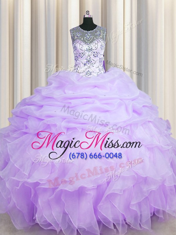 wholesale colorful see through ball gowns quinceanera dresses lavender scoop organza sleeveless floor length lace up