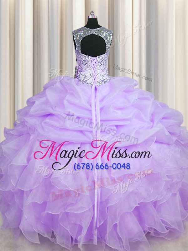 wholesale colorful see through ball gowns quinceanera dresses lavender scoop organza sleeveless floor length lace up