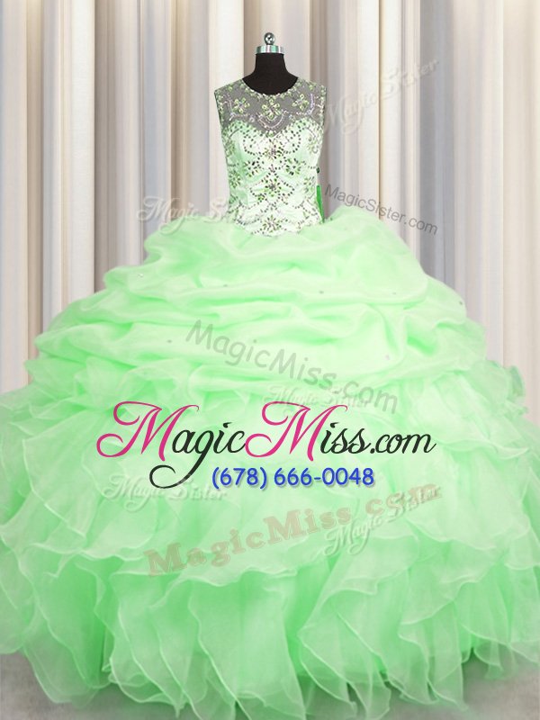 wholesale scoop see through floor length quinceanera dresses organza sleeveless beading and ruffles and pick ups