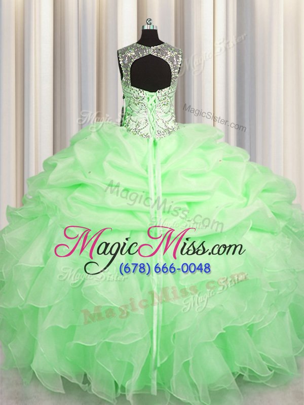 wholesale scoop see through floor length quinceanera dresses organza sleeveless beading and ruffles and pick ups