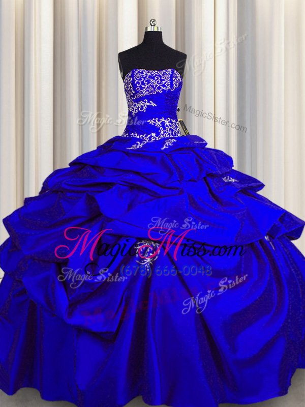 wholesale custom designed appliques and pick ups 15th birthday dress royal blue lace up sleeveless floor length