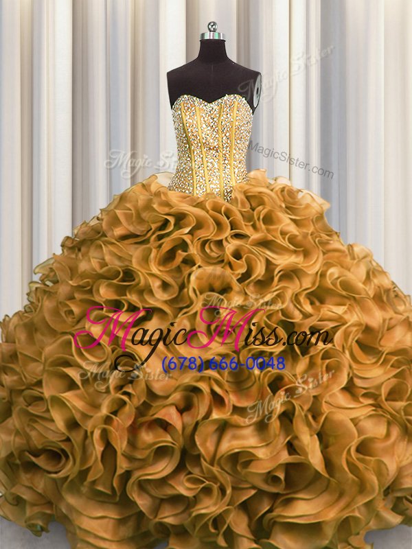 wholesale perfect visible boning gold organza lace up sweetheart sleeveless floor length 15th birthday dress beading and ruffles