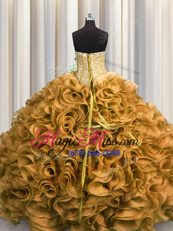 wholesale perfect visible boning gold organza lace up sweetheart sleeveless floor length 15th birthday dress beading and ruffles