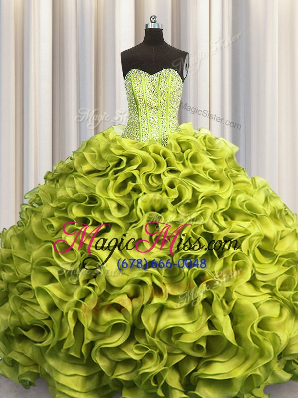 wholesale luxury visible boning organza sleeveless floor length quinceanera gown and beading and ruffles