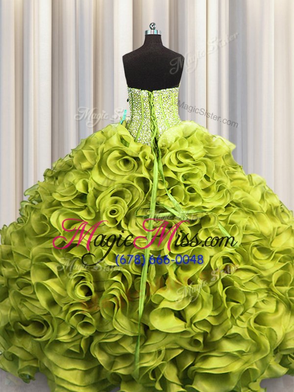 wholesale luxury visible boning organza sleeveless floor length quinceanera gown and beading and ruffles