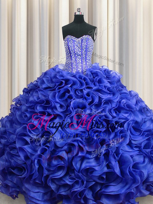 wholesale low price visible boning organza sweetheart sleeveless lace up beading and ruffles sweet 16 dresses in royal blue