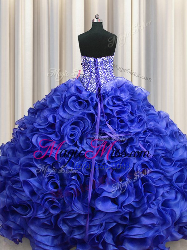 wholesale low price visible boning organza sweetheart sleeveless lace up beading and ruffles sweet 16 dresses in royal blue