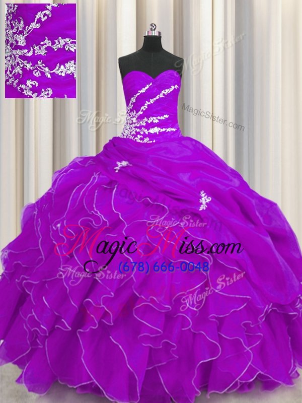 wholesale spectacular purple ball gowns organza sweetheart sleeveless beading and appliques and ruffles floor length lace up quince ball gowns