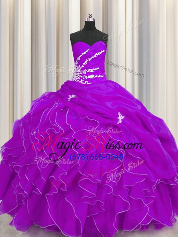 wholesale spectacular purple ball gowns organza sweetheart sleeveless beading and appliques and ruffles floor length lace up quince ball gowns