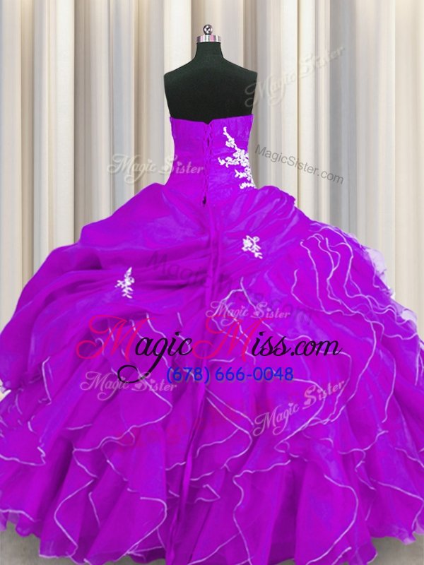 wholesale spectacular purple ball gowns organza sweetheart sleeveless beading and appliques and ruffles floor length lace up quince ball gowns