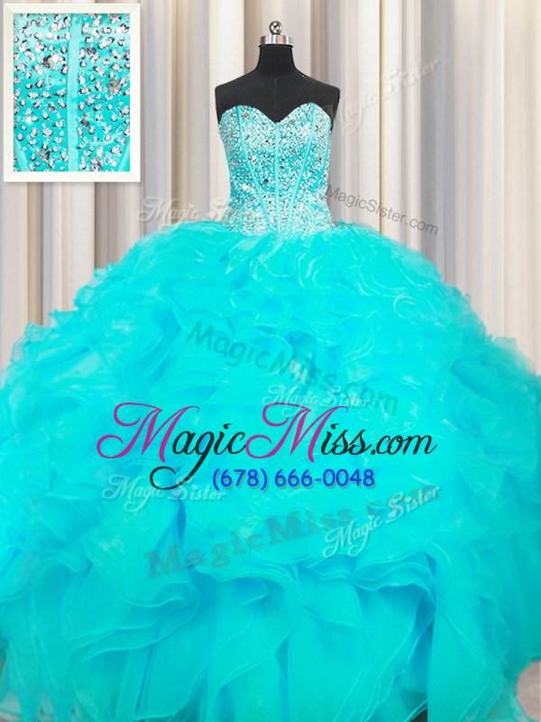 wholesale luxurious visible boning beaded bodice beading and ruffles sweet 16 dress aqua blue lace up sleeveless floor length