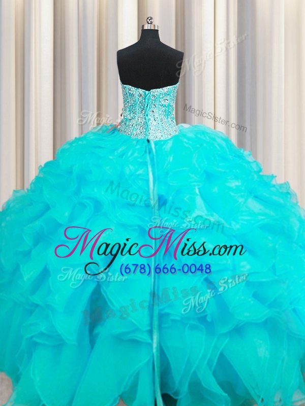 wholesale luxurious visible boning beaded bodice beading and ruffles sweet 16 dress aqua blue lace up sleeveless floor length