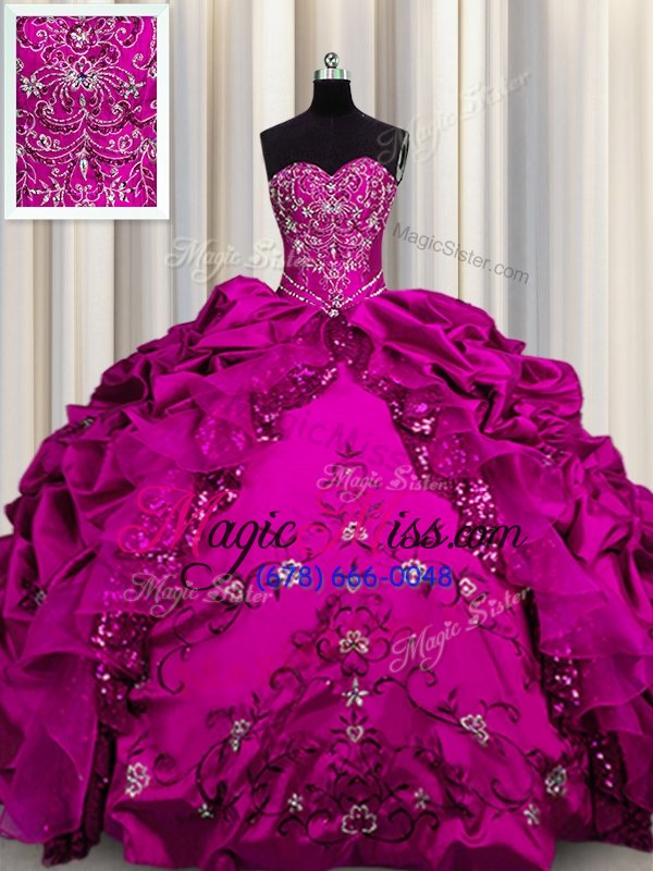 wholesale trendy embroidery sequins sweetheart sleeveless lace up quince ball gowns fuchsia taffeta