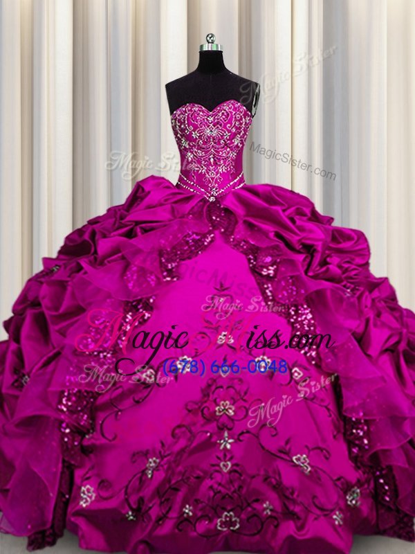 wholesale trendy embroidery sequins sweetheart sleeveless lace up quince ball gowns fuchsia taffeta