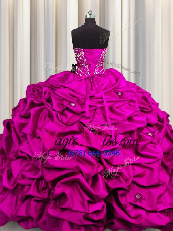 wholesale trendy embroidery sequins sweetheart sleeveless lace up quince ball gowns fuchsia taffeta