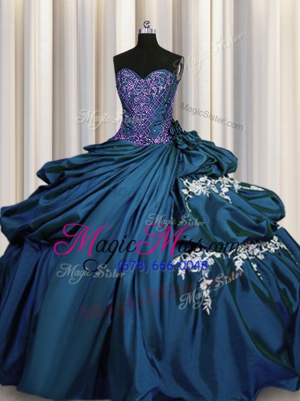 wholesale deluxe teal sweetheart neckline beading and appliques quinceanera dresses sleeveless lace up