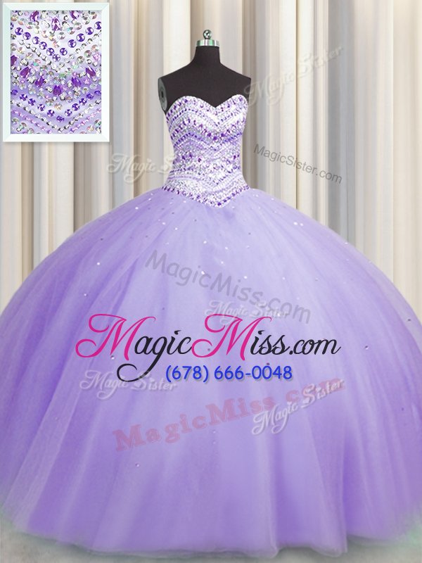 wholesale bling-bling puffy skirt floor length lavender quince ball gowns tulle sleeveless beading