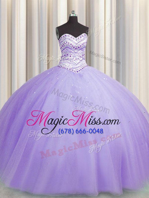 wholesale bling-bling puffy skirt floor length lavender quince ball gowns tulle sleeveless beading