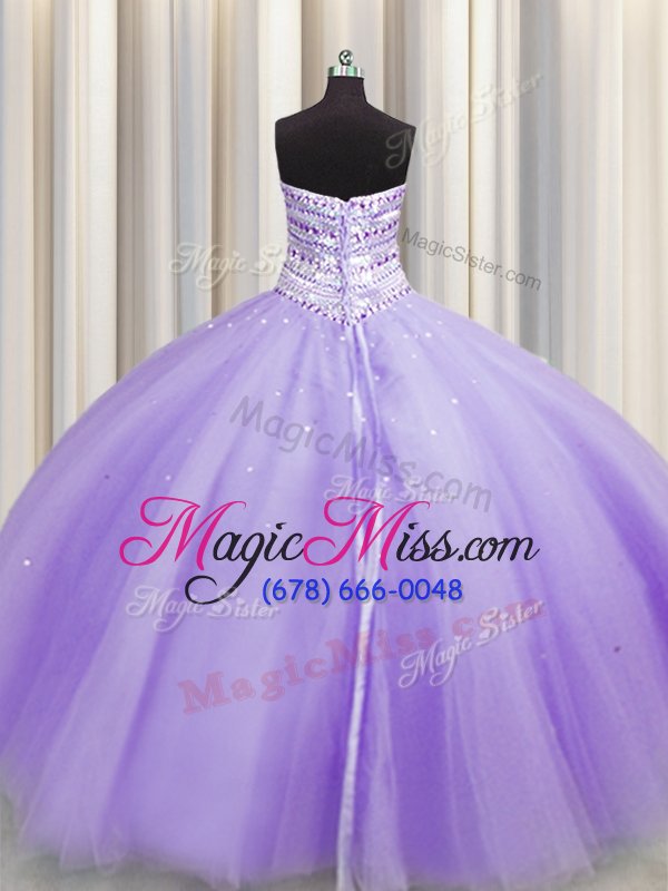 wholesale bling-bling puffy skirt floor length lavender quince ball gowns tulle sleeveless beading