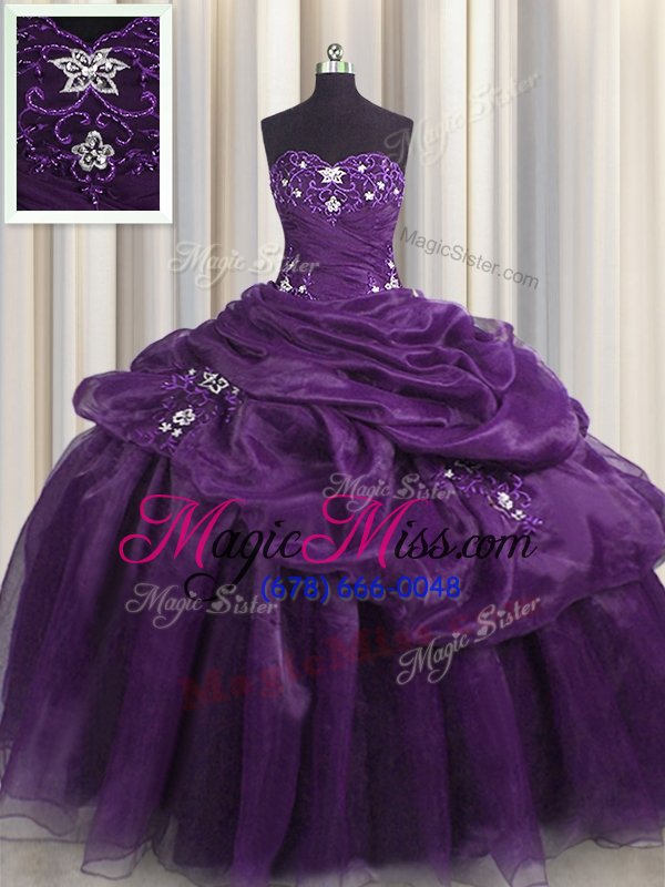 wholesale new style eggplant purple and purple lace up quinceanera gowns beading and appliques and ruffles sleeveless floor length