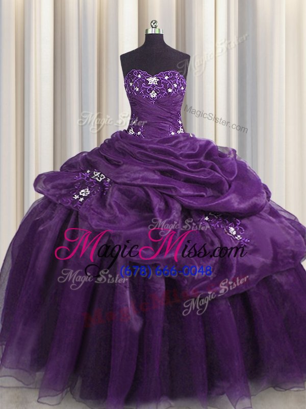 wholesale new style eggplant purple and purple lace up quinceanera gowns beading and appliques and ruffles sleeveless floor length