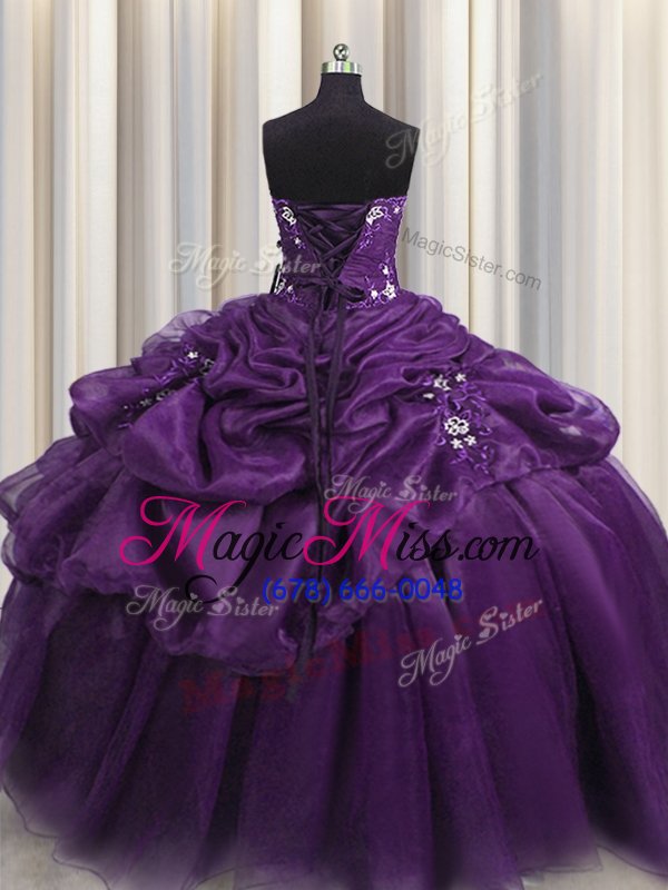 wholesale new style eggplant purple and purple lace up quinceanera gowns beading and appliques and ruffles sleeveless floor length