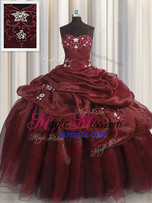 wholesale sophisticated burgundy ball gowns sweetheart sleeveless organza floor length lace up beading and appliques and pick ups quinceanera dresses