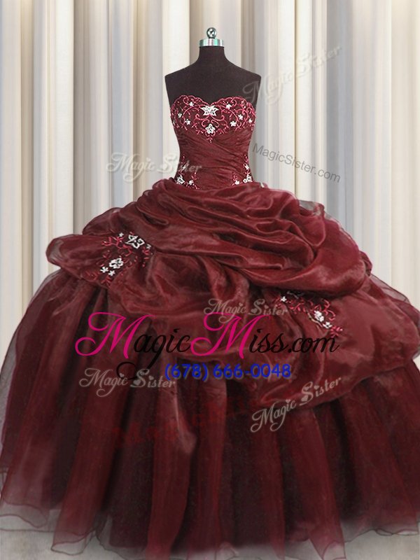 wholesale sophisticated burgundy ball gowns sweetheart sleeveless organza floor length lace up beading and appliques and pick ups quinceanera dresses