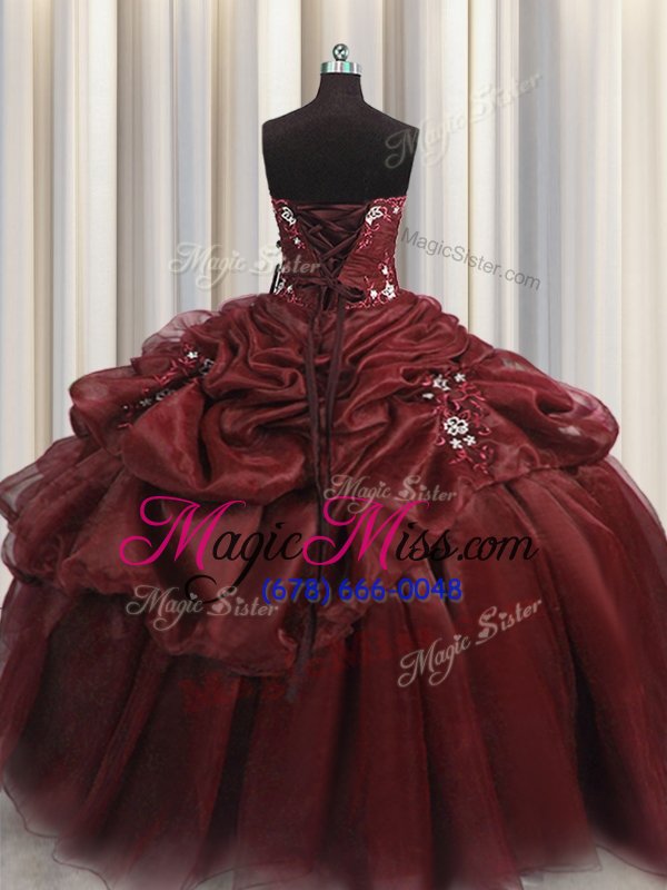 wholesale sophisticated burgundy ball gowns sweetheart sleeveless organza floor length lace up beading and appliques and pick ups quinceanera dresses