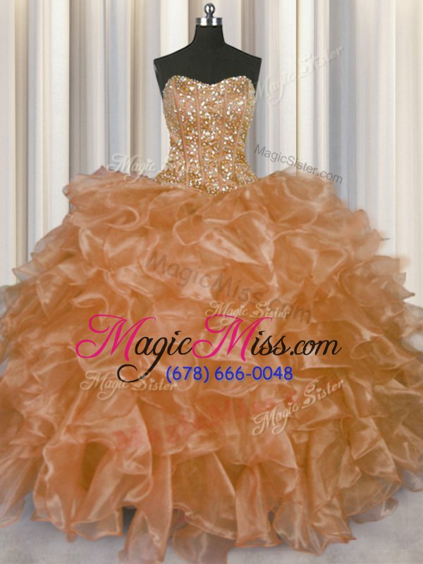 wholesale glittering visible boning orange ball gowns strapless sleeveless organza floor length lace up beading and ruffles vestidos de quinceanera