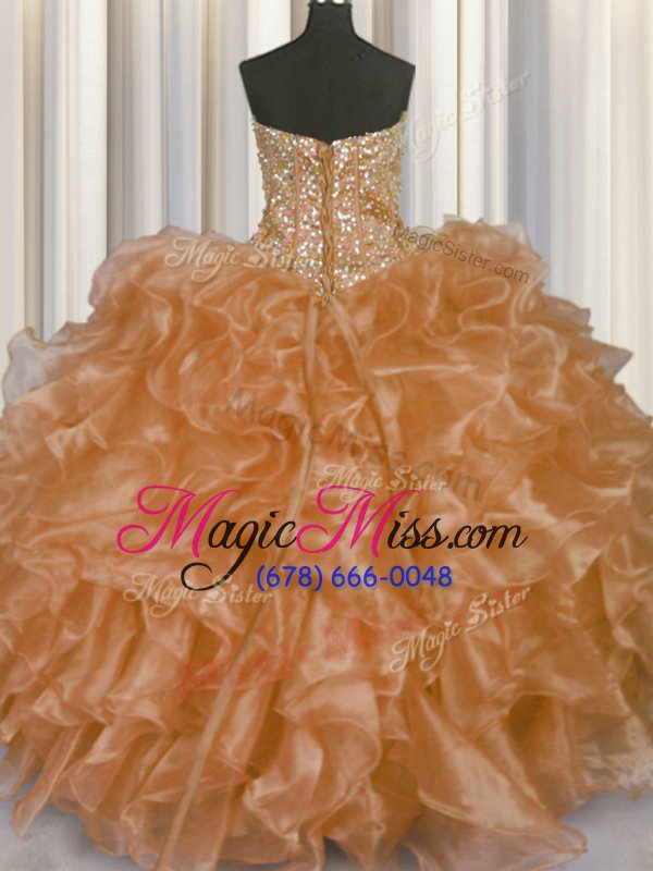 wholesale glittering visible boning orange ball gowns strapless sleeveless organza floor length lace up beading and ruffles vestidos de quinceanera