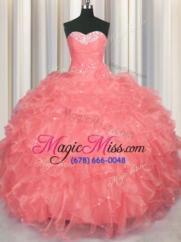 wholesale flirting floor length watermelon red quinceanera gowns organza sleeveless beading and ruffles