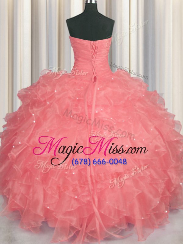 wholesale flirting floor length watermelon red quinceanera gowns organza sleeveless beading and ruffles