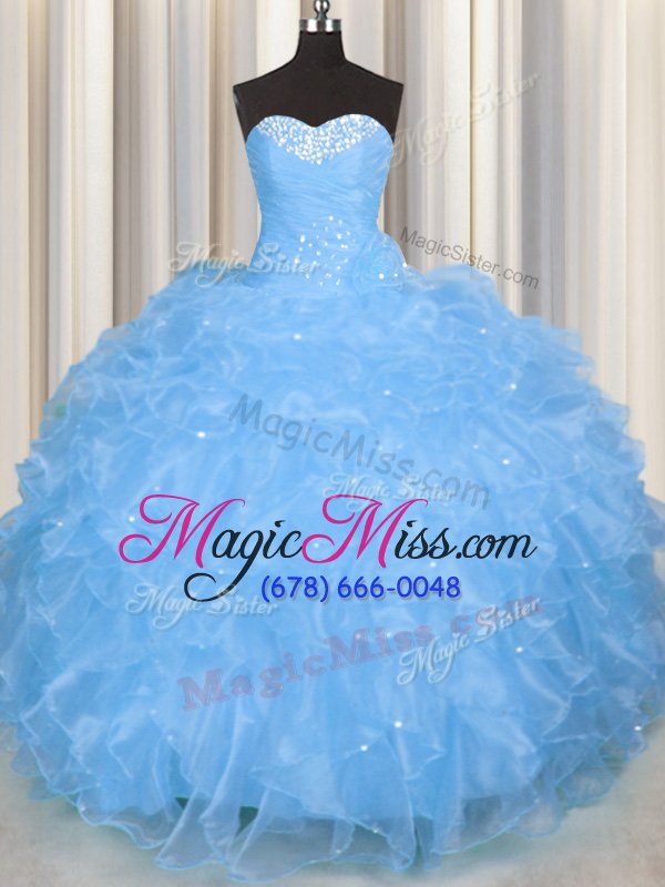 wholesale exquisite baby blue sweetheart neckline beading and ruffles quinceanera dress sleeveless lace up