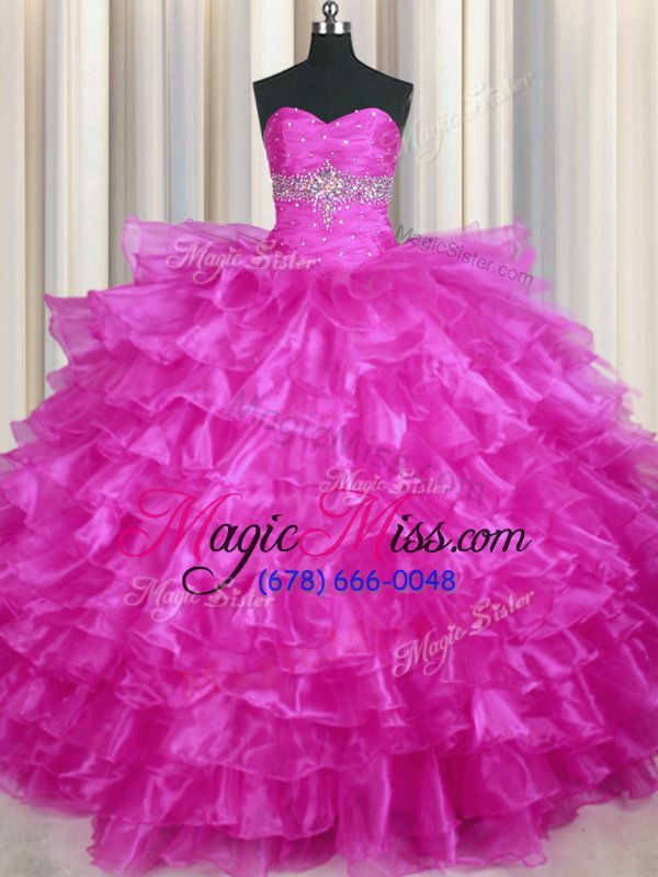 wholesale dramatic sleeveless organza floor length lace up quinceanera dresses in fuchsia for with beading and ruffled layers